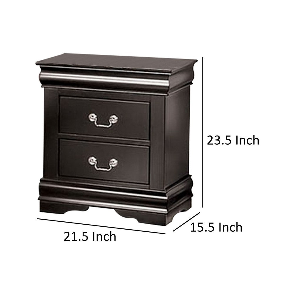 Benjara Ryla Nightstand, 2 Drawers, Black Solid Wood, Nickel Metal Drop Handles