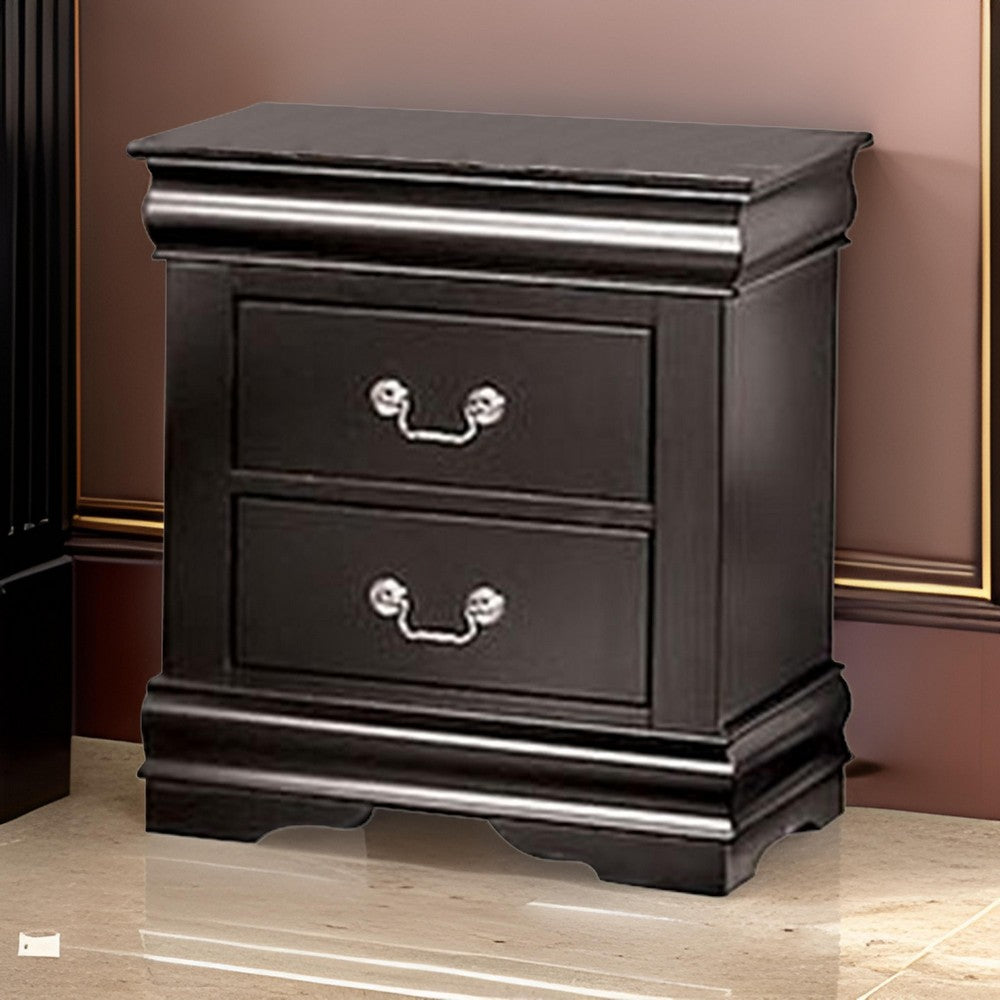Benjara Ryla Nightstand, 2 Drawers, Black Solid Wood, Nickel Metal Drop Handles