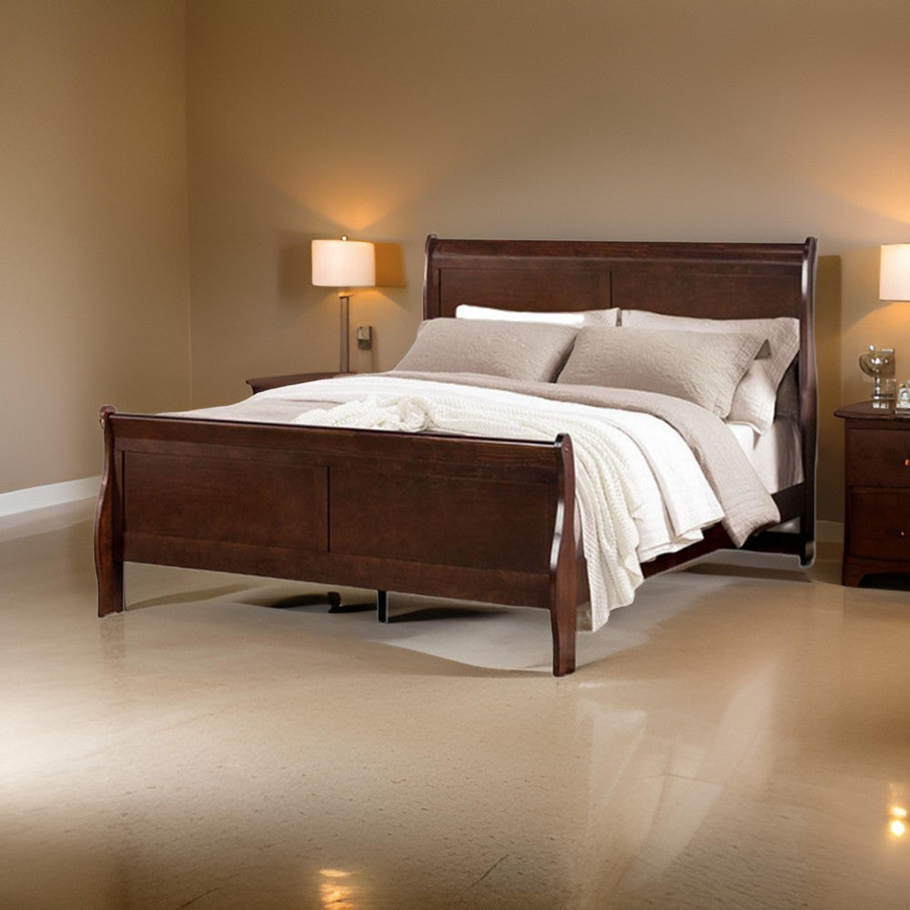 Benjara Ryla Full Size Bed, Sleigh Panel Headboard, Dark Cherry Brown Solid Wood