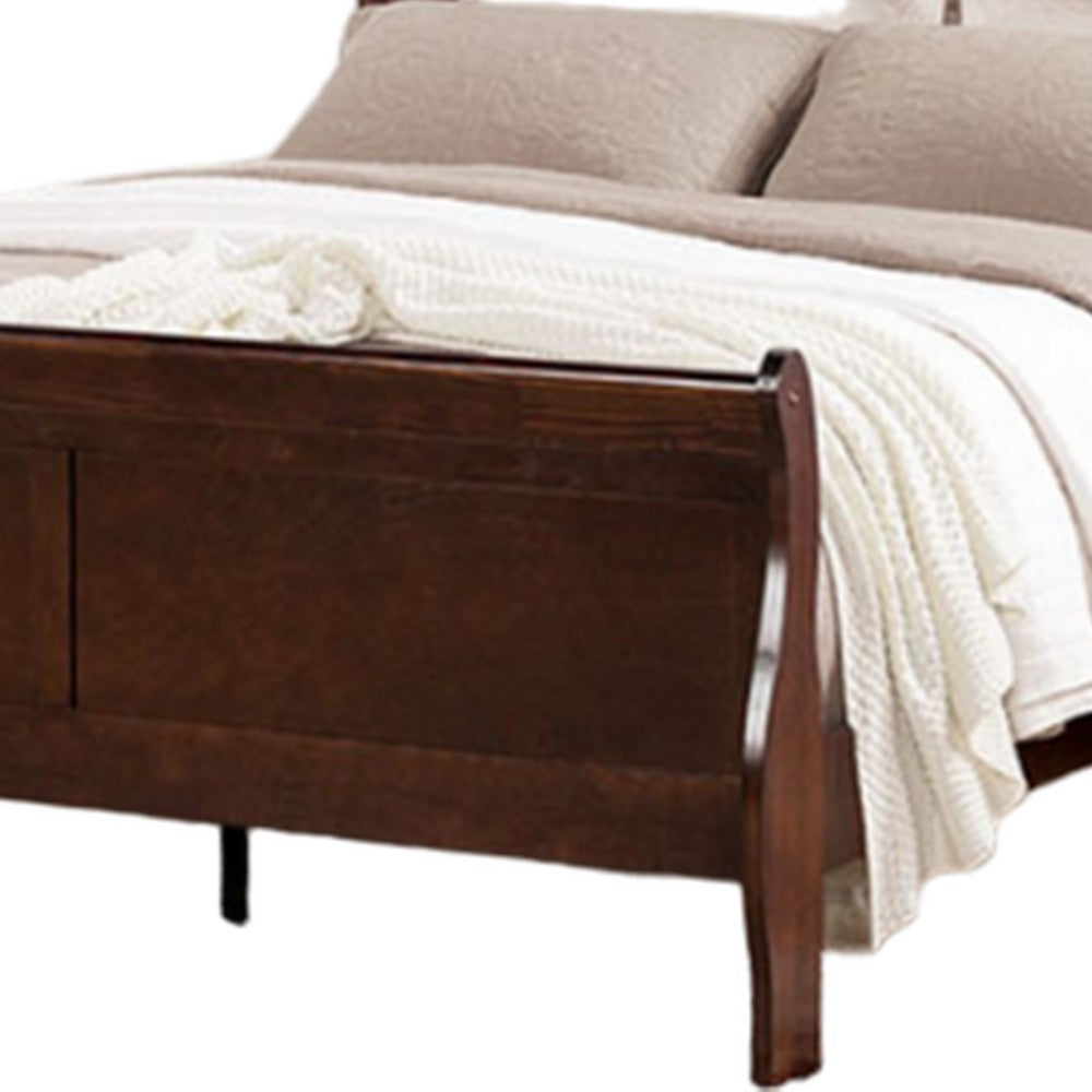 Benjara Ryla Queen Size Bed, Sleigh Panel Headboard, Dark Cherry Brown Solid Wood