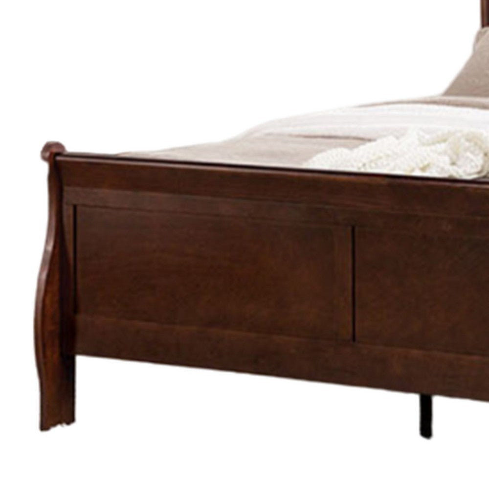 Benjara Ryla Queen Size Bed, Sleigh Panel Headboard, Dark Cherry Brown Solid Wood