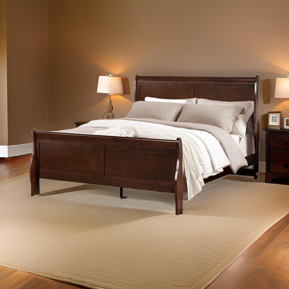 Benjara Ryla Queen Size Bed, Sleigh Panel Headboard, Dark Cherry Brown Solid Wood