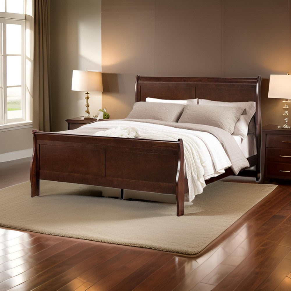 Benjara Ryla Twin Size Bed, Sleigh Panel Headboard, Dark Cherry Brown Solid Wood