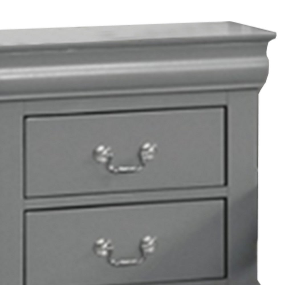 Benjara Ryla Nightstand, 2 Drawers, Light Gray Solid Wood, Nickel Drop Handles