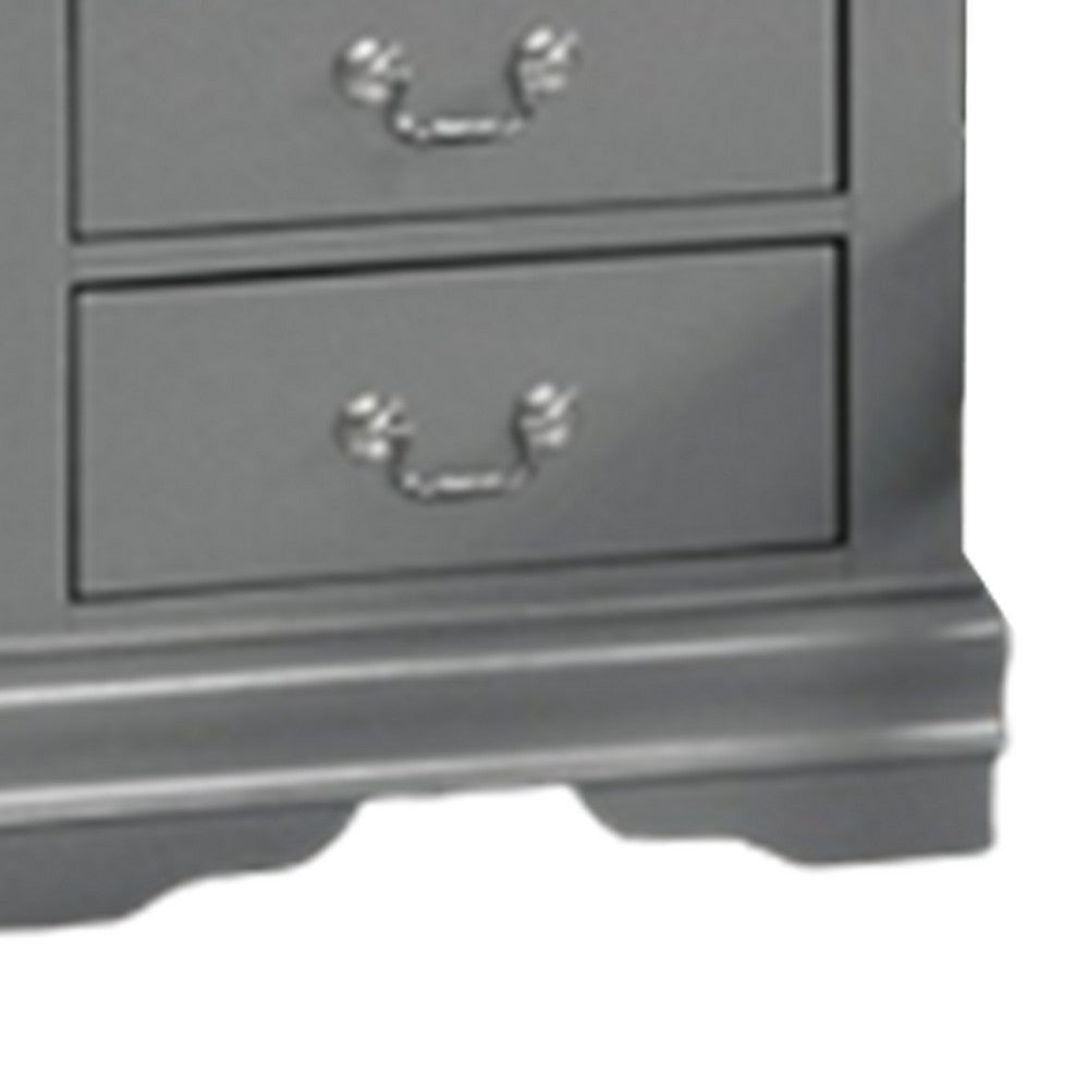 Benjara Ryla Nightstand, 2 Drawers, Light Gray Solid Wood, Nickel Drop Handles
