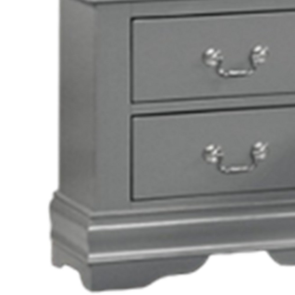 Benjara Ryla Nightstand, 2 Drawers, Light Gray Solid Wood, Nickel Drop Handles