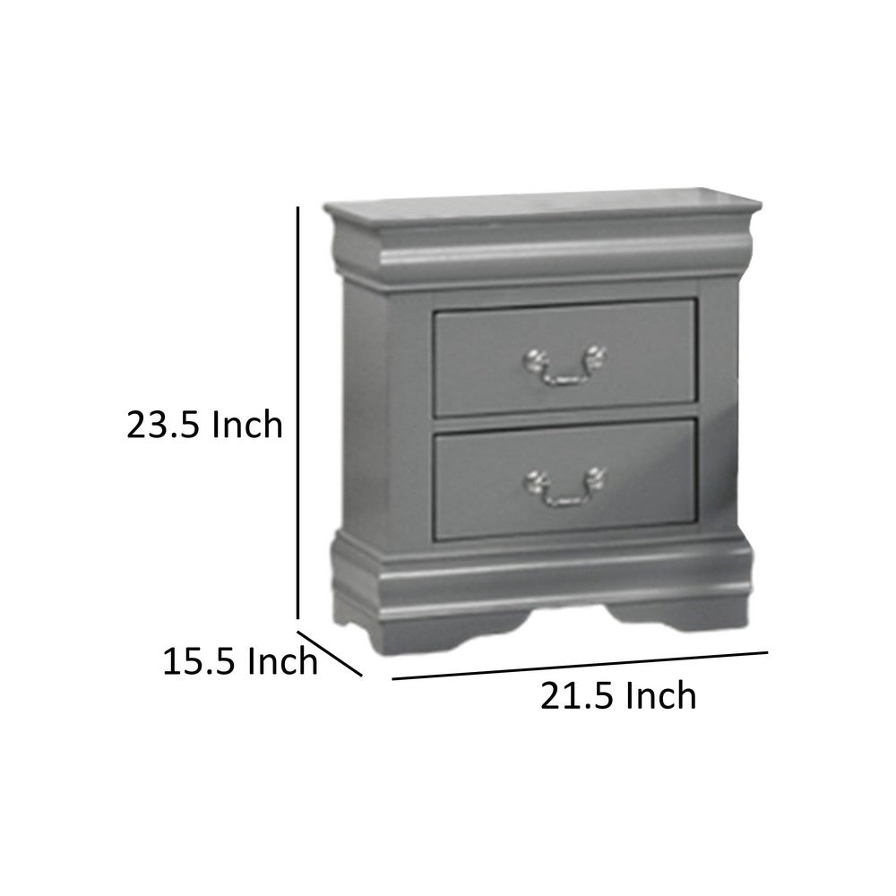 Benjara Ryla Nightstand, 2 Drawers, Light Gray Solid Wood, Nickel Drop Handles