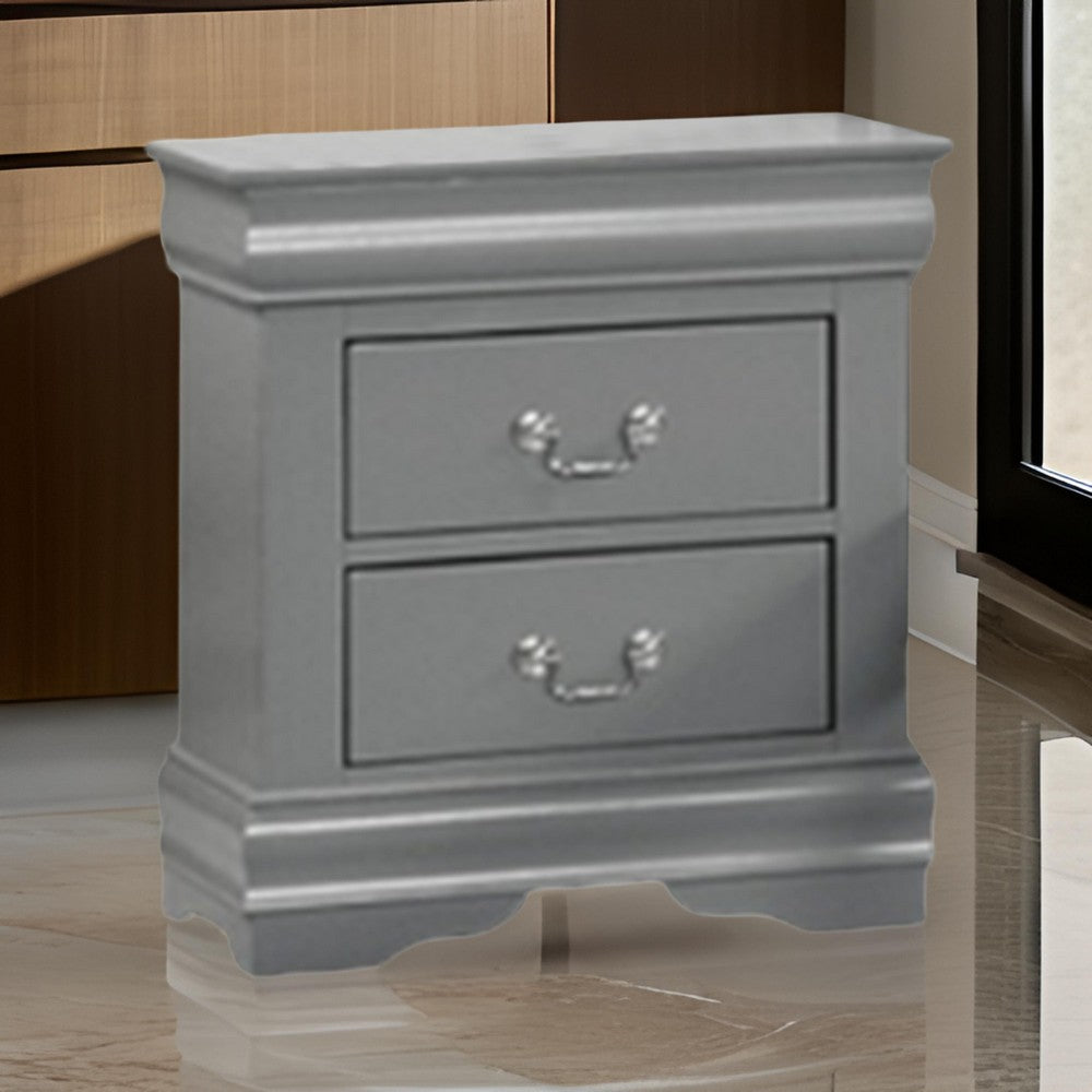 Benjara Ryla Nightstand, 2 Drawers, Light Gray Solid Wood, Nickel Drop Handles
