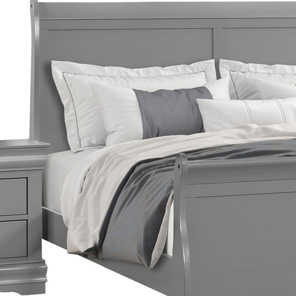 Benjara Ryla Queen Size Bed, Sleigh Panel Headboard, Classic Light Gray Solid Wood