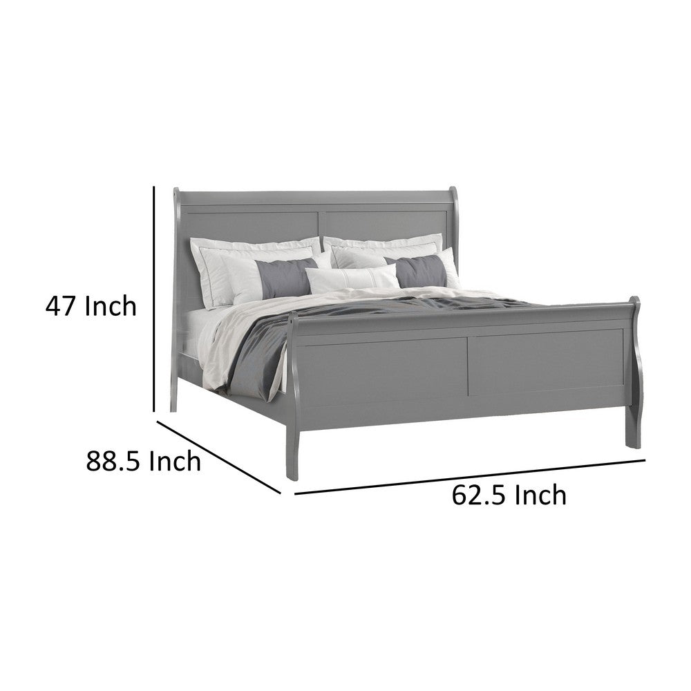 Benjara Ryla Queen Size Bed, Sleigh Panel Headboard, Classic Light Gray Solid Wood