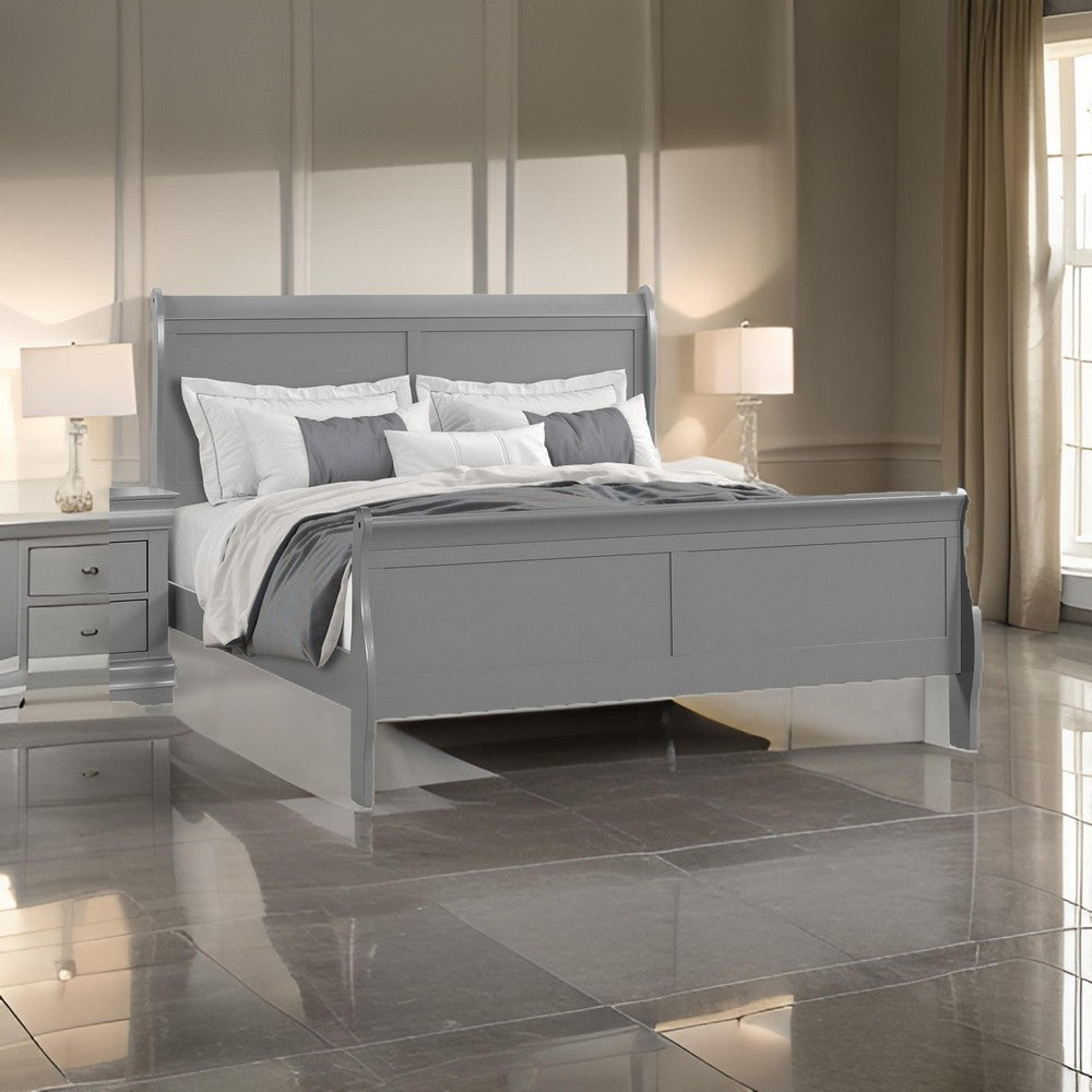 Benjara Ryla Queen Size Bed, Sleigh Panel Headboard, Classic Light Gray Solid Wood