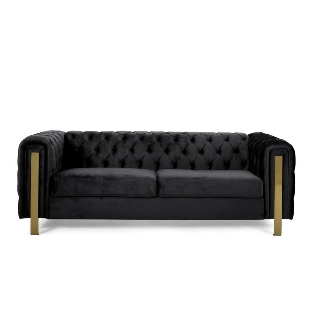 Benjara Nua Sofa, Chesterfield Tufted Black Velvet, 84 Inch, Modern Gold Legs