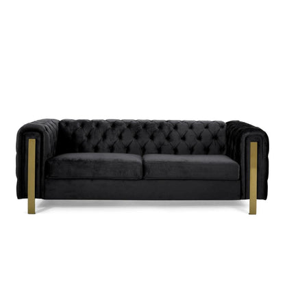 Benjara Nua Sofa, Chesterfield Tufted Black Velvet, 84 Inch, Modern Gold Legs