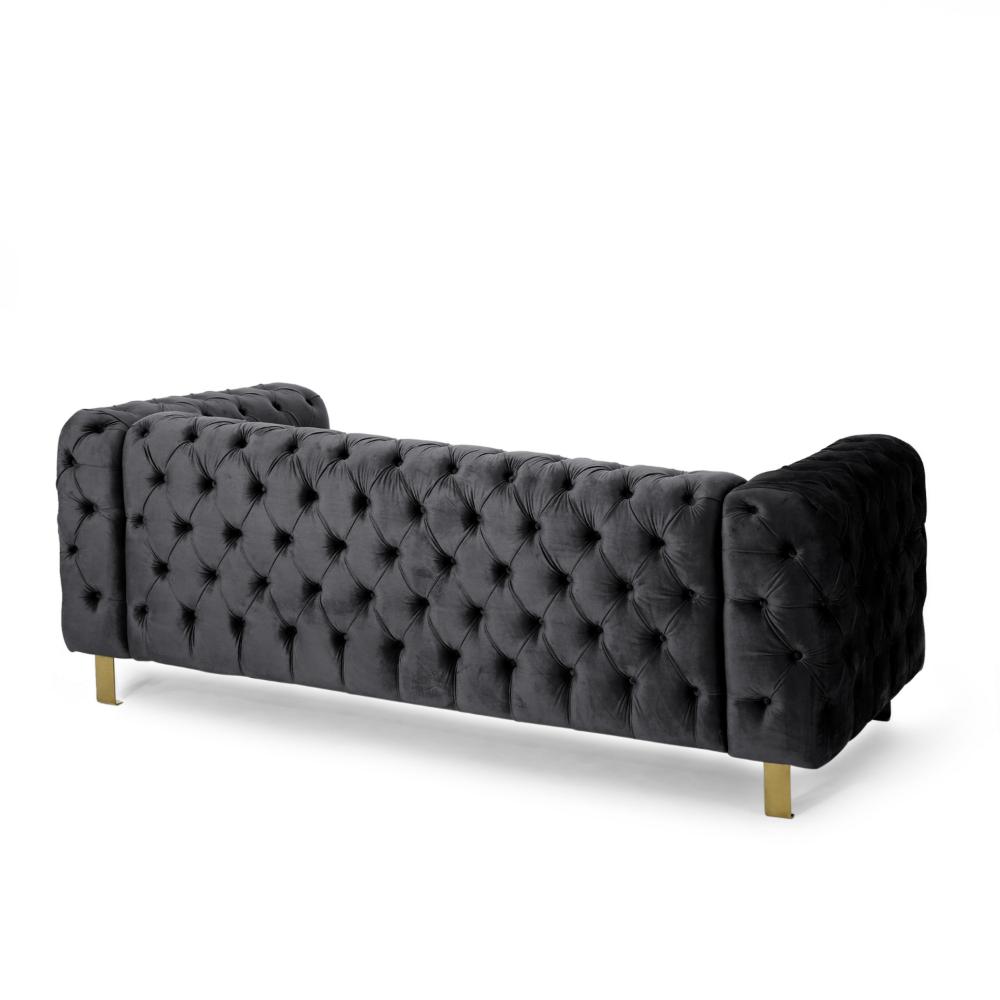 Benjara Nua Sofa, Chesterfield Tufted Black Velvet, 84 Inch, Modern Gold Legs