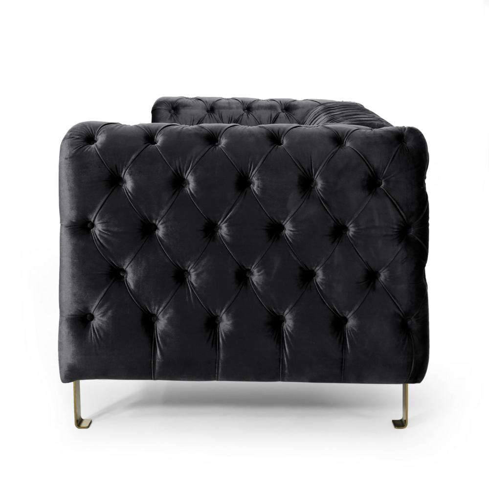 Benjara Nua Sofa, Chesterfield Tufted Black Velvet, 84 Inch, Modern Gold Legs