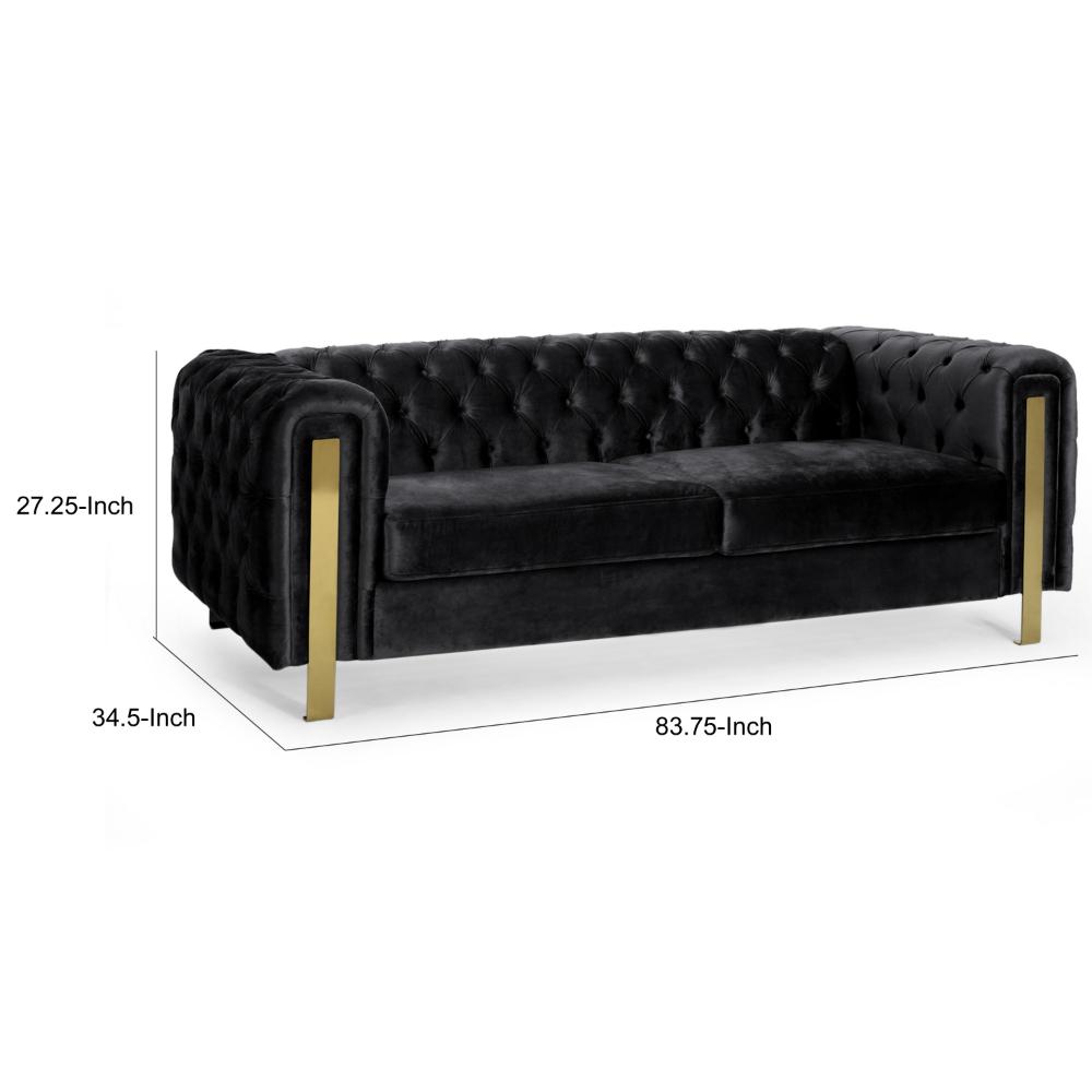 Benjara Nua Sofa, Chesterfield Tufted Black Velvet, 84 Inch, Modern Gold Legs