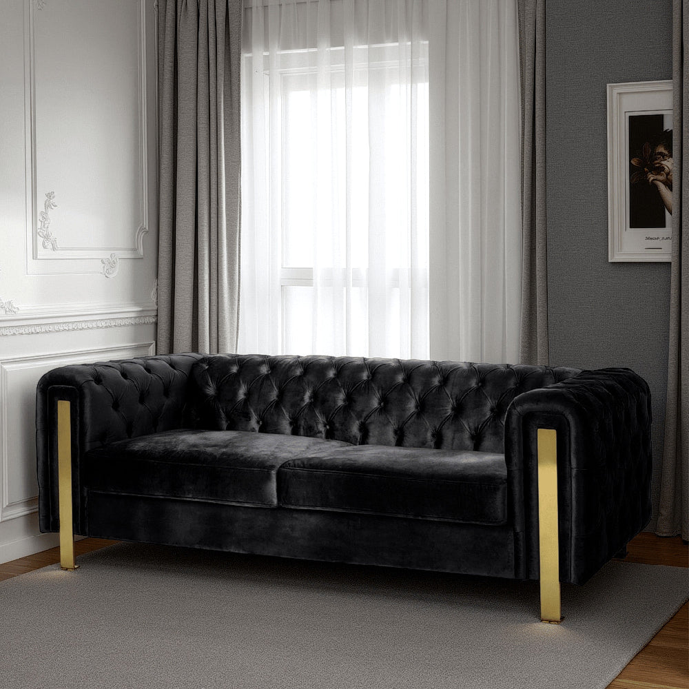 Benjara Nua Sofa, Chesterfield Tufted Black Velvet, 84 Inch, Modern Gold Legs