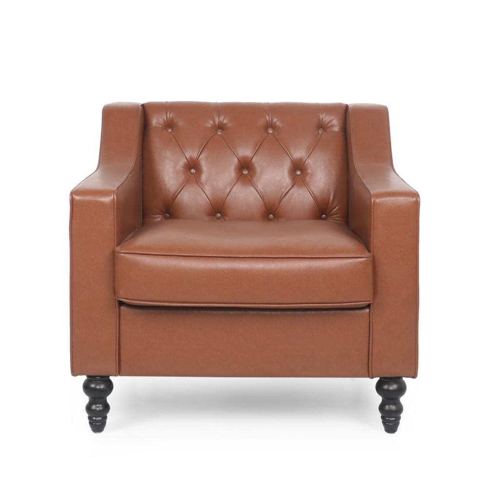 Benjara Accent Club Chair, Button Tufted, Diamond Stitch Light Brown Faux Leather