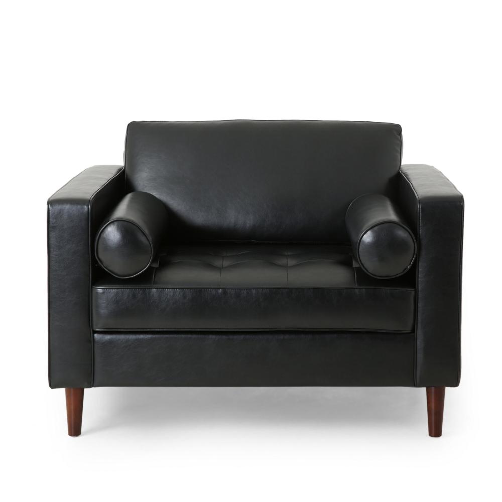 Benjara Accent Club Chair, 45 Inch Padded Seat, Birch Wood Legs, Black Faux Leather
