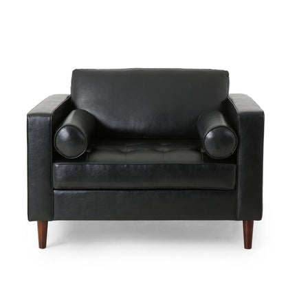 Benjara Accent Club Chair, 45 Inch Padded Seat, Birch Wood Legs, Black Faux Leather