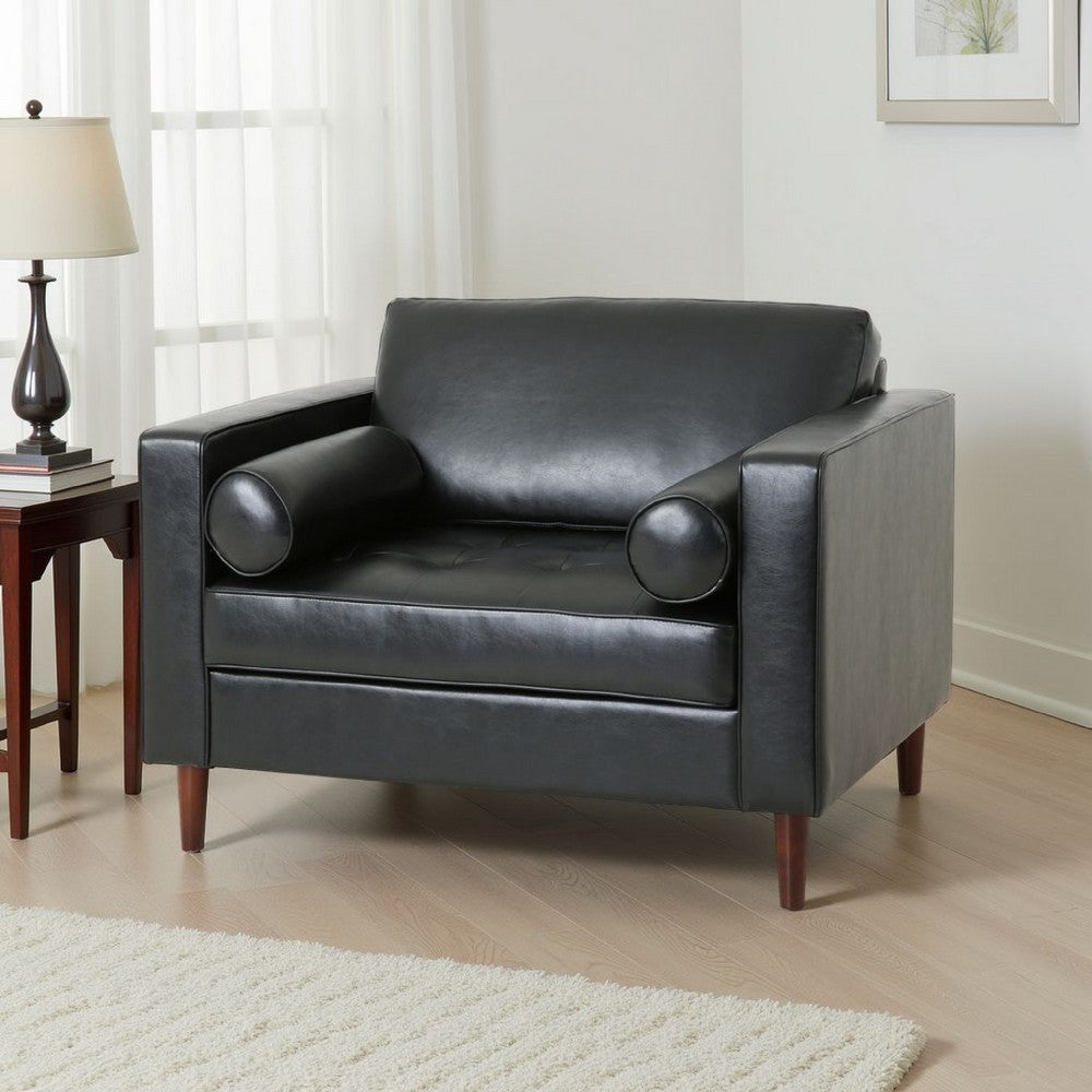 Benjara Accent Club Chair, 45 Inch Padded Seat, Birch Wood Legs, Black Faux Leather