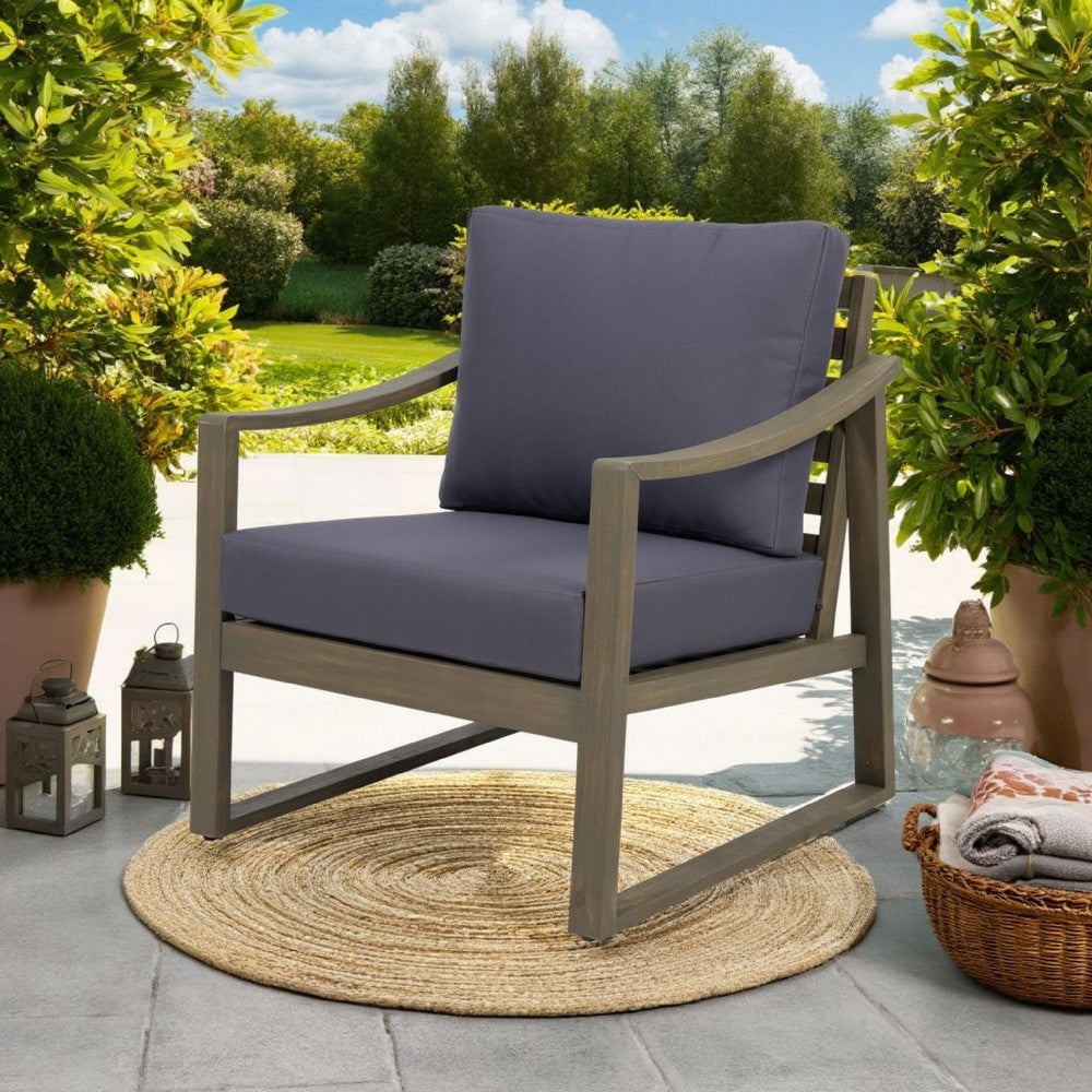 Benjara Outdoor Accent Chair, Slat Panels, Sloped Arms, Dark Gray Acacia Wood