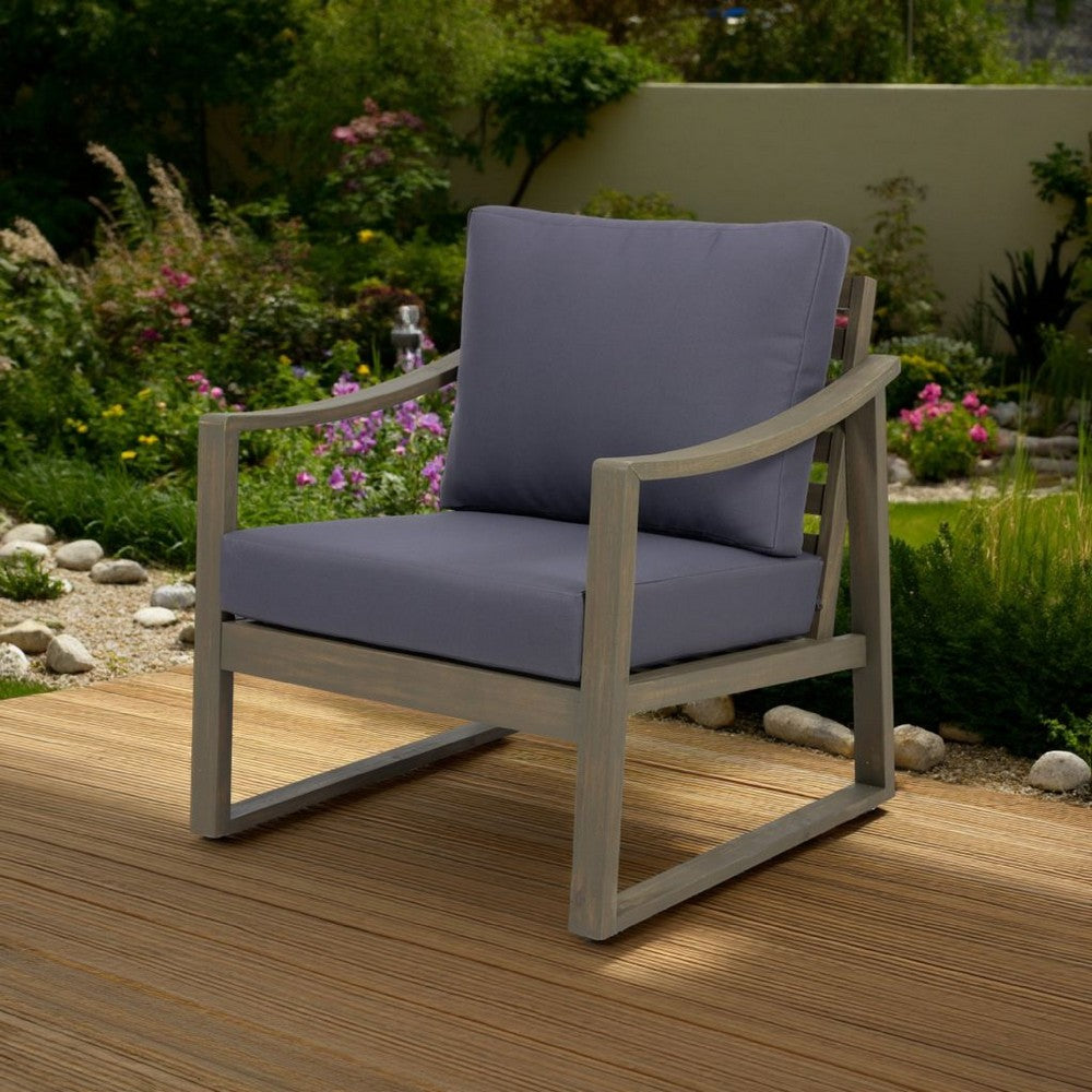 Benjara Outdoor Accent Chair, Slat Panels, Sloped Arms, Dark Gray Acacia Wood