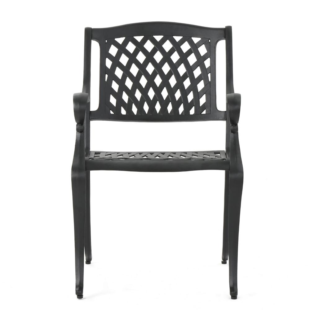 Benjara Cay Outdoor Dining Chair Set of 2, Mesh Style Back, Black Cast Aluminium