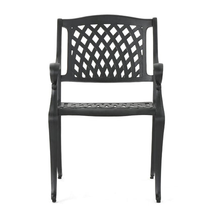 Benjara Cay Outdoor Dining Chair Set of 2, Mesh Style Back, Black Cast Aluminium