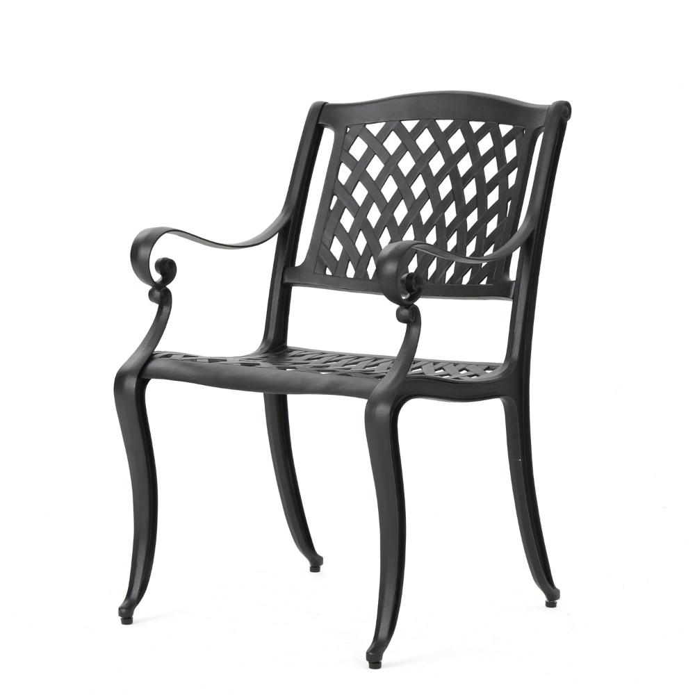 Benjara Cay Outdoor Dining Chair Set of 2, Mesh Style Back, Black Cast Aluminium