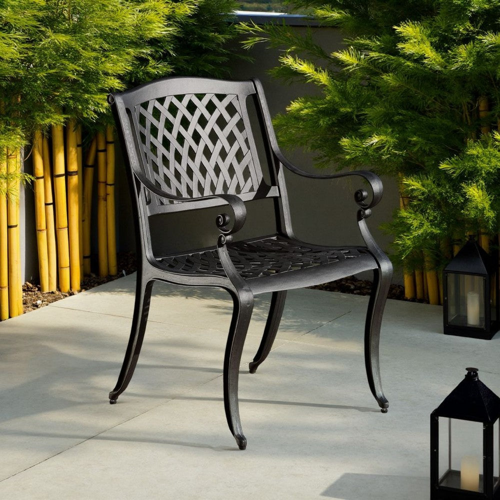 Benjara Cay Outdoor Dining Chair Set of 2, Mesh Style Back, Black Cast Aluminium