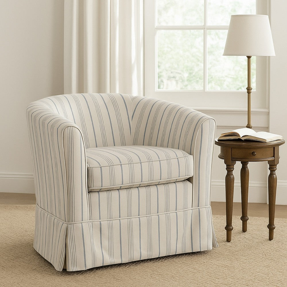 Benjara Accent Swivel Chair, Modern Round Barrel Back, Soft White Gray Fabric