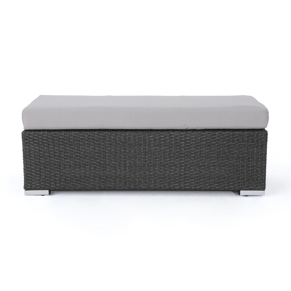 Benjara Sanie Outdoor Bench, 47 Inch, Gray Resin Wicker Weave, Silver Polyester