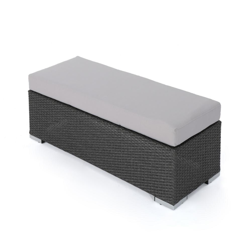 Benjara Sanie Outdoor Bench, 47 Inch, Gray Resin Wicker Weave, Silver Polyester