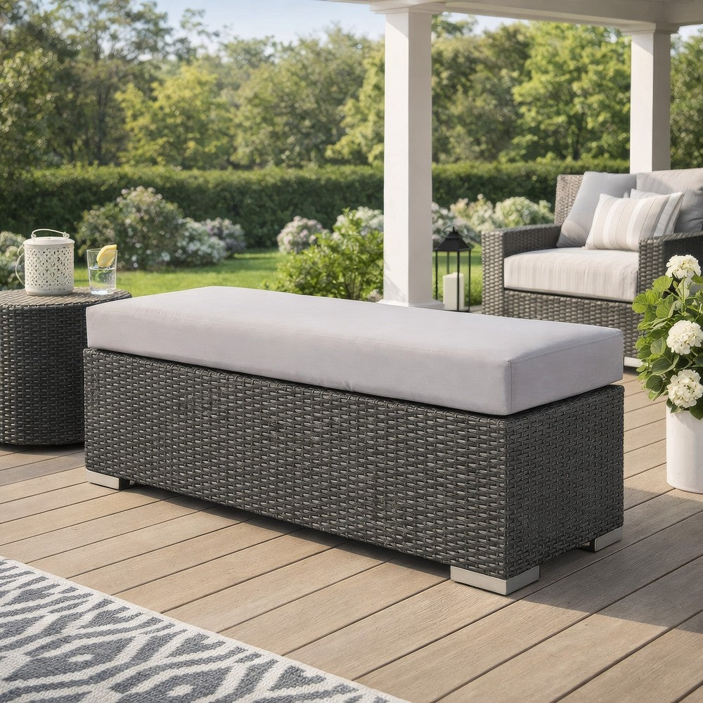 Benjara Sanie Outdoor Bench, 47 Inch, Gray Resin Wicker Weave, Silver Polyester