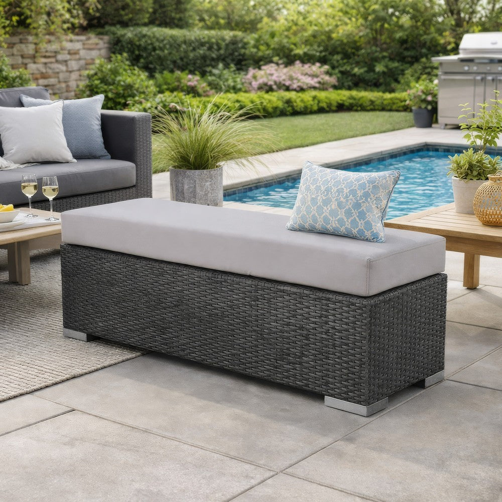 Benjara Sanie Outdoor Bench, 47 Inch, Gray Resin Wicker Weave, Silver Polyester