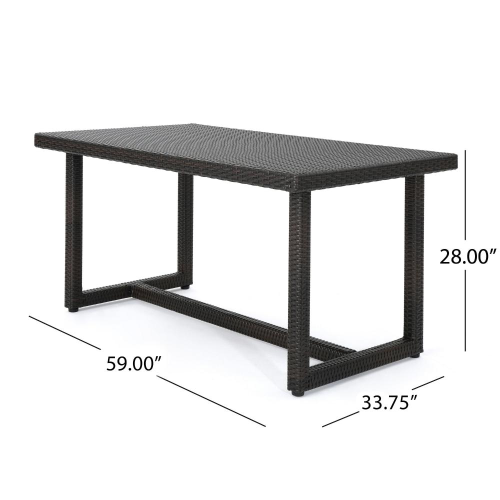 Benjara Sanie Outdoor Dining Table, 59 Inch Top, Iron Frame, Brown Resin Wicker