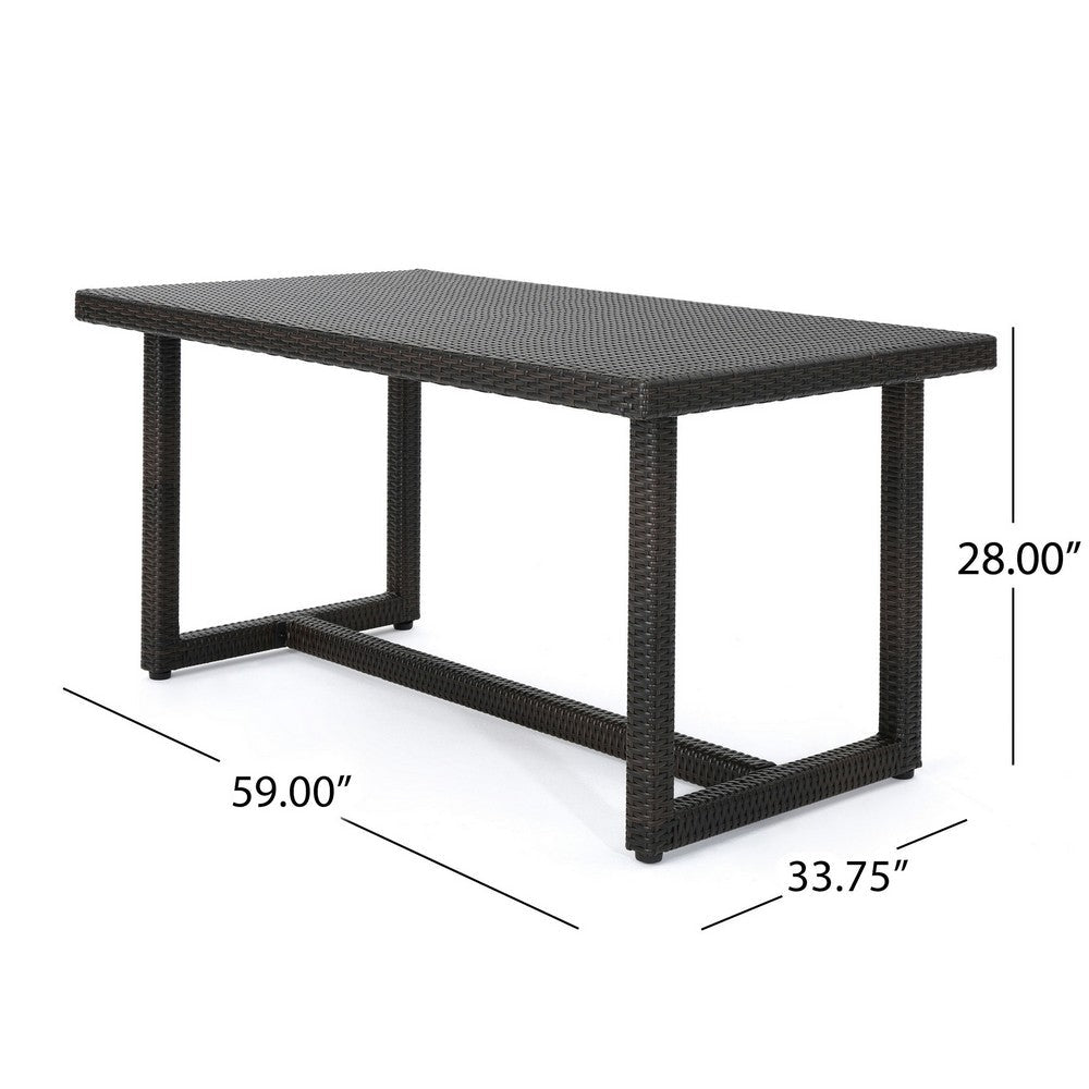 Benjara Sanie Outdoor Dining Table, 59 Inch Top, Iron Frame, Brown Resin Wicker