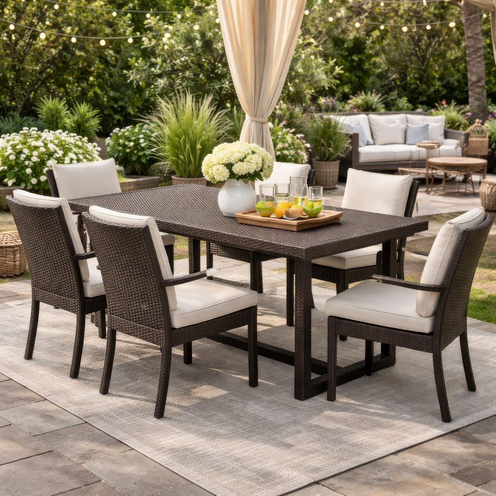 Benjara Sanie Outdoor Dining Table, 59 Inch Top, Iron Frame, Brown Resin Wicker
