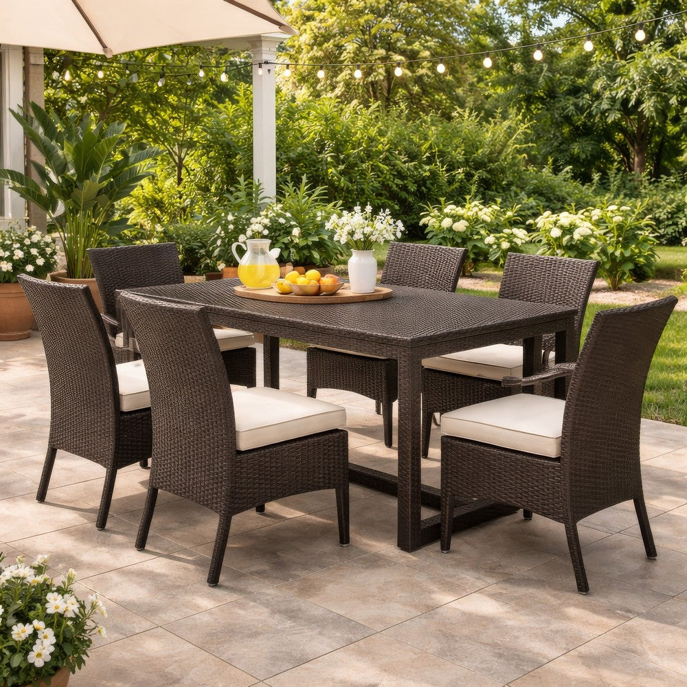 Benjara Sanie Outdoor Dining Table, 59 Inch Top, Iron Frame, Brown Resin Wicker