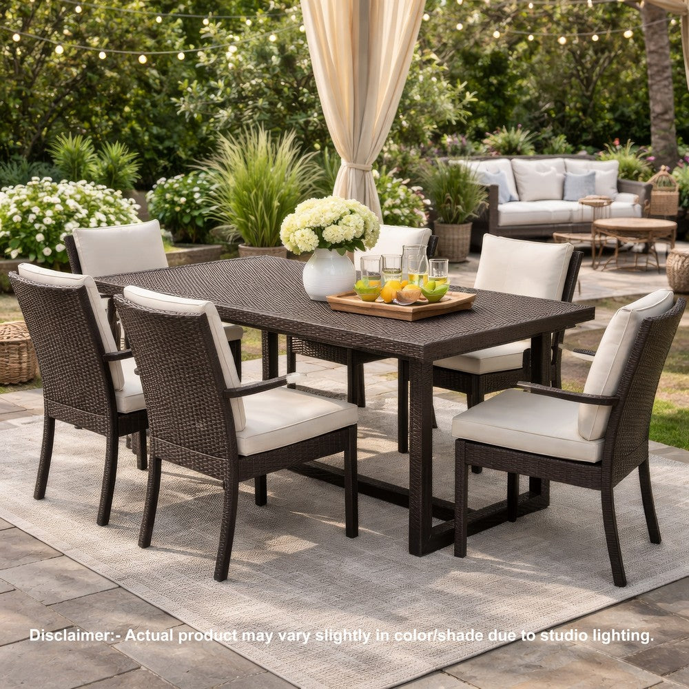 Benjara Sanie Outdoor Dining Table, 59 Inch Top, Iron Frame, Brown Resin Wicker