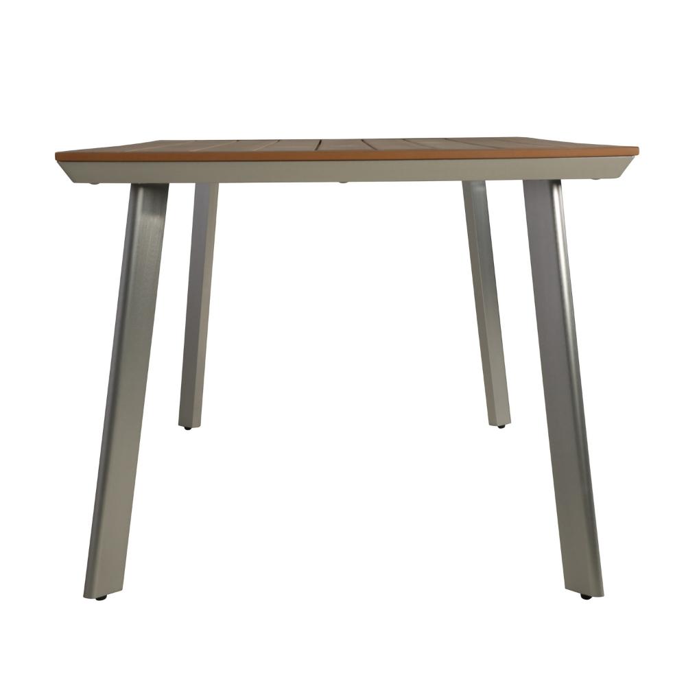 Benjara Outdoor Dining Table, 63 Inch Brown Eucalyptus Wood Top, Silver Metal Legs