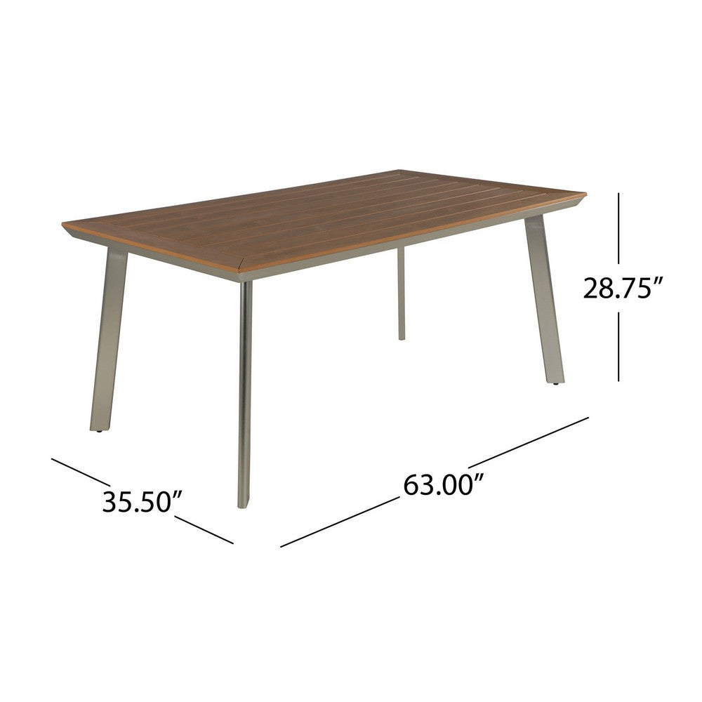 Benjara Outdoor Dining Table, 63 Inch Brown Eucalyptus Wood Top, Silver Metal Legs