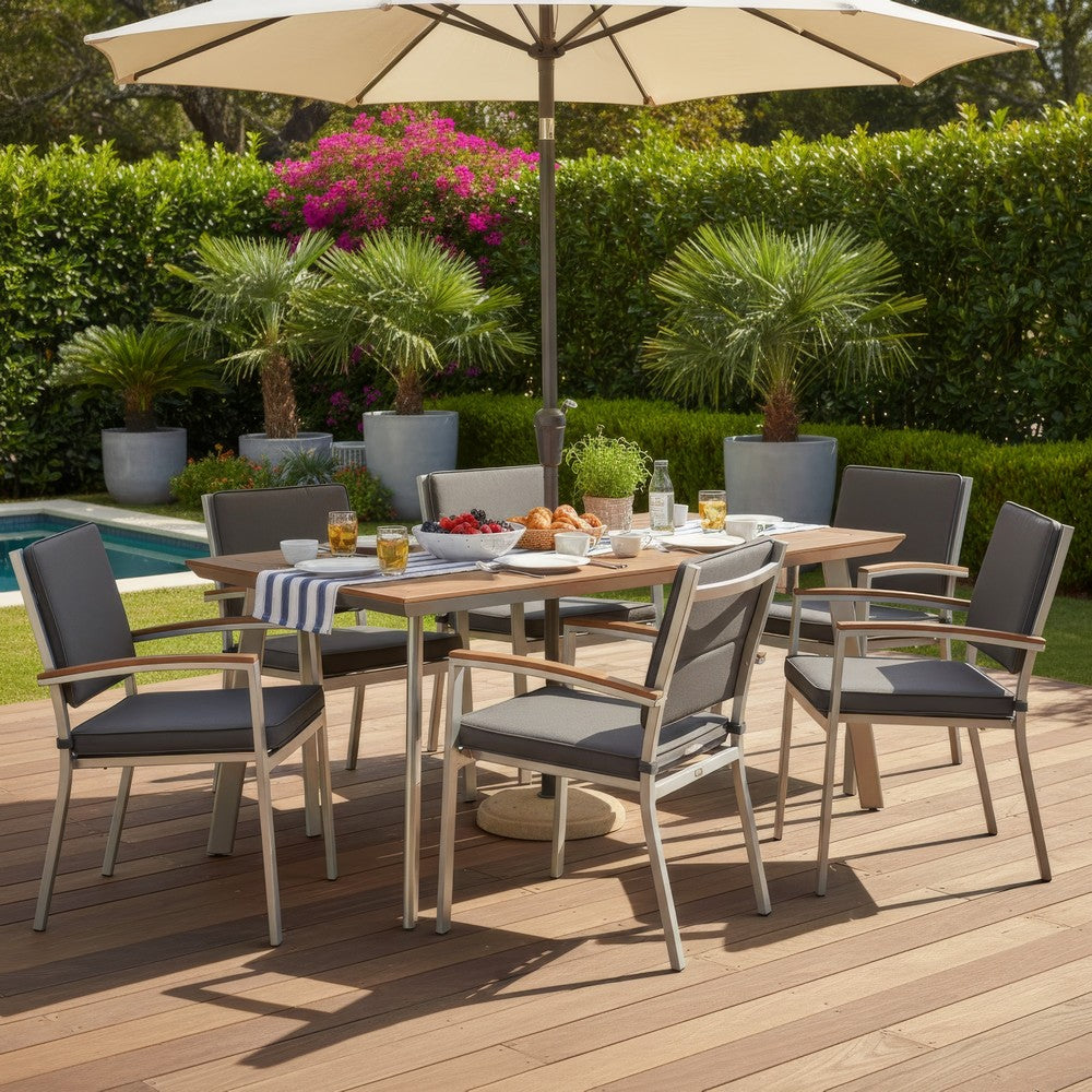 Benjara Outdoor Dining Table, 63 Inch Brown Eucalyptus Wood Top, Silver Metal Legs