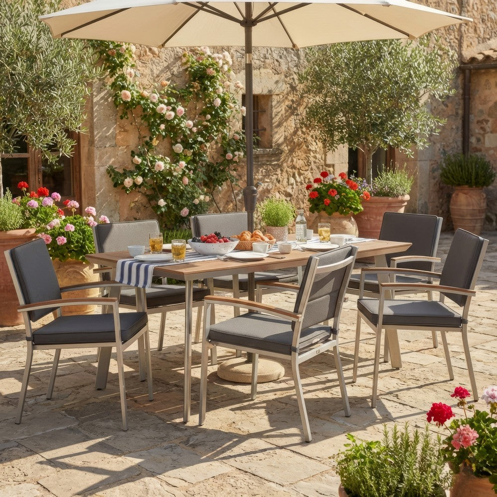 Benjara Outdoor Dining Table, 63 Inch Brown Eucalyptus Wood Top, Silver Metal Legs