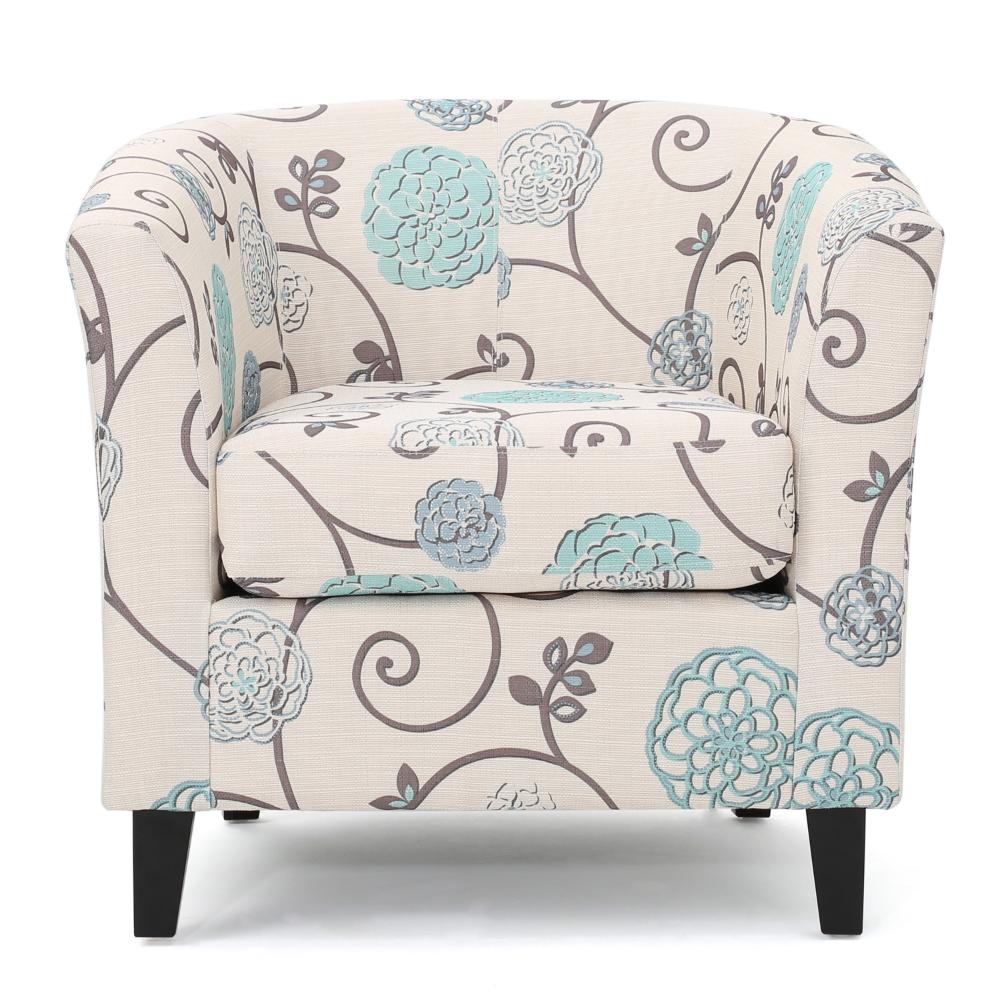 Benjara Accent Club Chair, Round Arms, Cream Blue Fabric Floral Details, Birch Wood