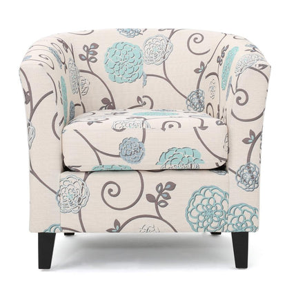 Benjara Accent Club Chair, Round Arms, Cream Blue Fabric Floral Details, Birch Wood