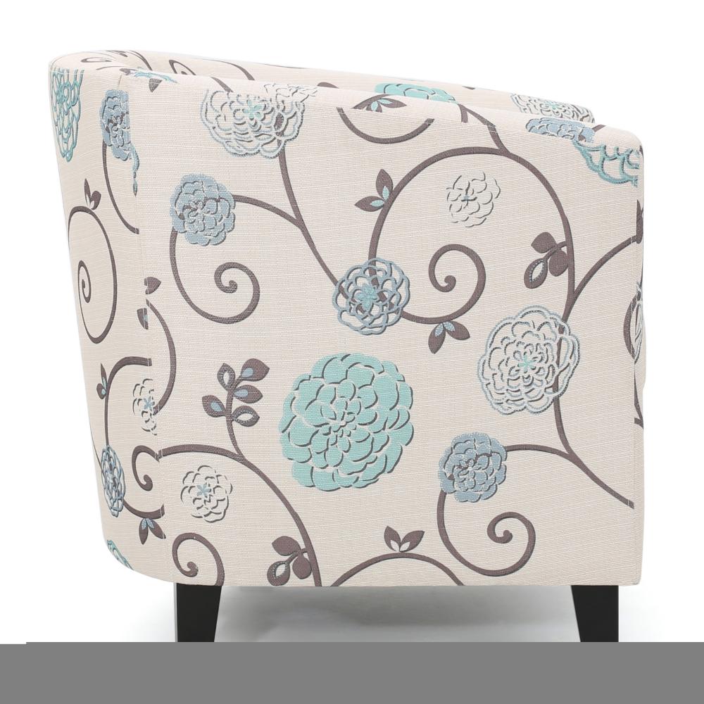 Benjara Accent Club Chair, Round Arms, Cream Blue Fabric Floral Details, Birch Wood