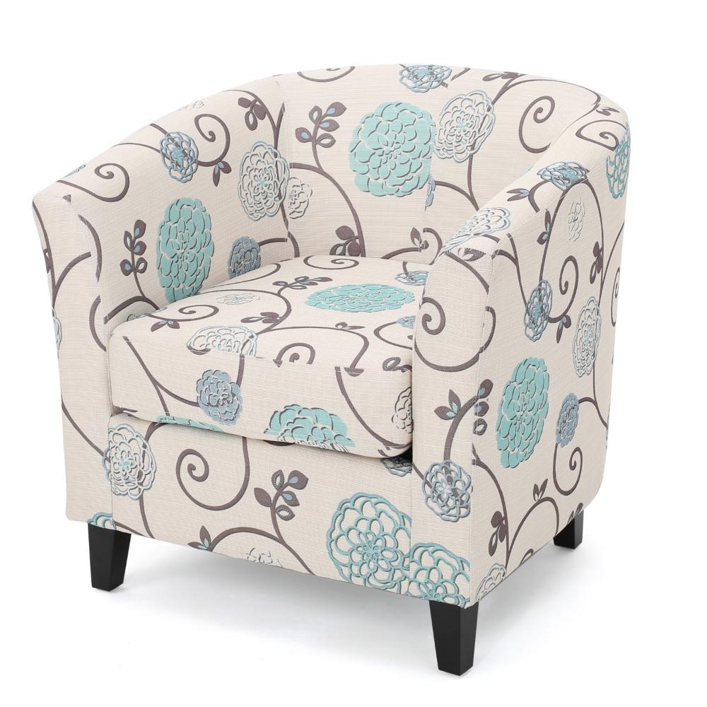 Benjara Accent Club Chair, Round Arms, Cream Blue Fabric Floral Details, Birch Wood
