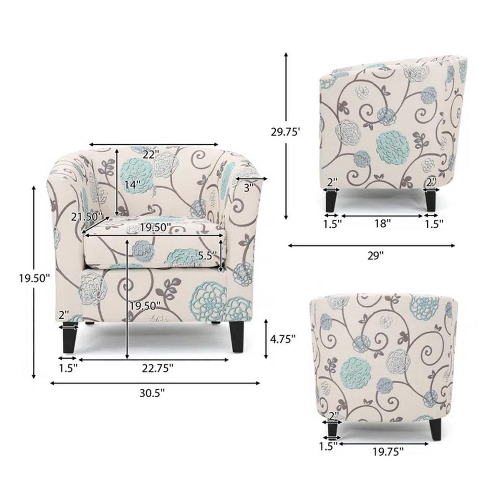 Benjara Accent Club Chair, Round Arms, Cream Blue Fabric Floral Details, Birch Wood